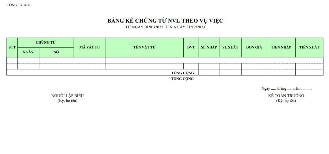 Mẫu bảng kê chứng từ NVL theo vụ việc