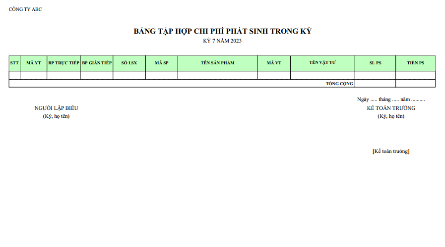 Mẫu bảng tập hợp chi phí phát sinh trong kỳ