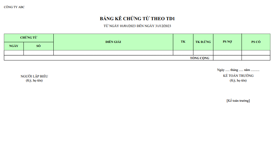 Mẫu bảng kê chứng từ theo các trường tự do