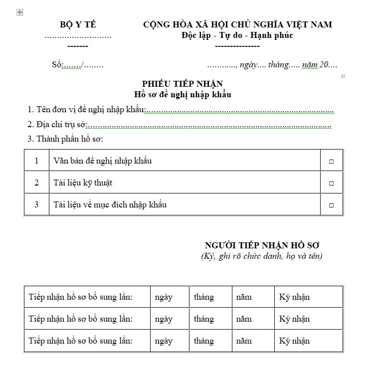 Mẫu phiếu tiếp nhận hồ sơ đề nghị nhập khẩu