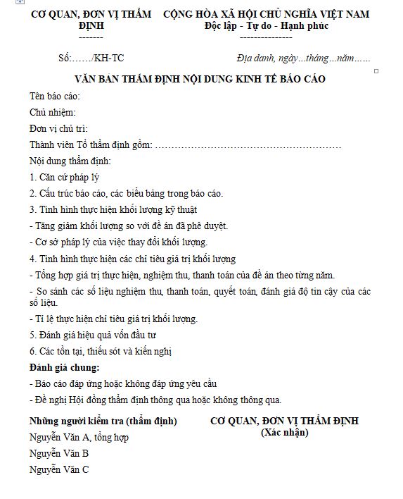 Mẫu văn bản thẩm định nội dung báo cáo kinh tế