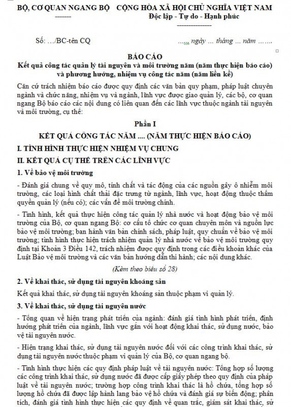 Mẫu báo cáo kết quả công tác quản lý tài nguyên và môi trường năm