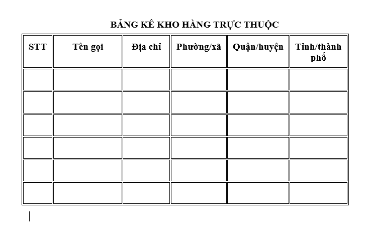 Mẫu bảng kê kho hàng trực thuộc của đơn vị trực thuộc