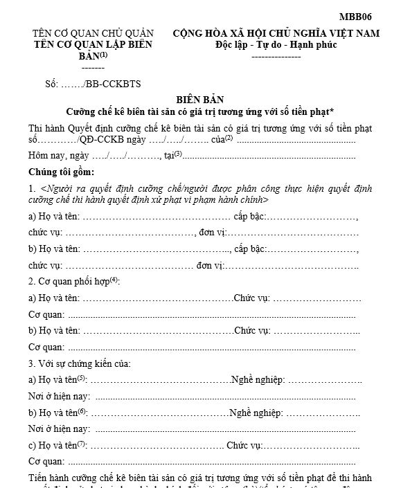 Mẫu MBB06: Biên bản cưỡng chế kê biên tài sản có giá trị tương ứng với số tiền phạt