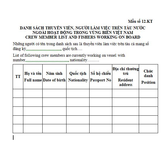 Mẫu số 12.KT: Danh sách thuyền viên, người làm việc trên tàu nước ngoài