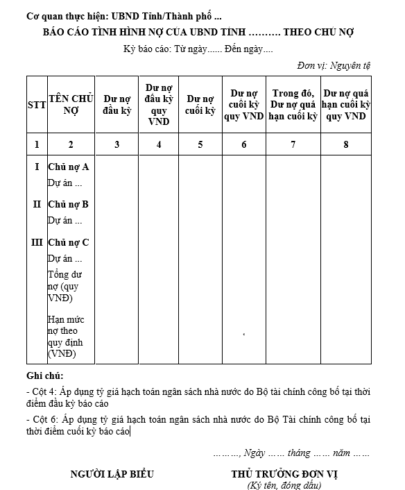Mẫu báo cáo tình hình nợ theo chủ nợ