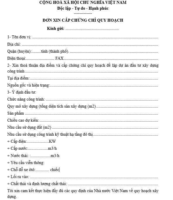 Mẫu đơn xin cấp Chứng chỉ quy hoạch