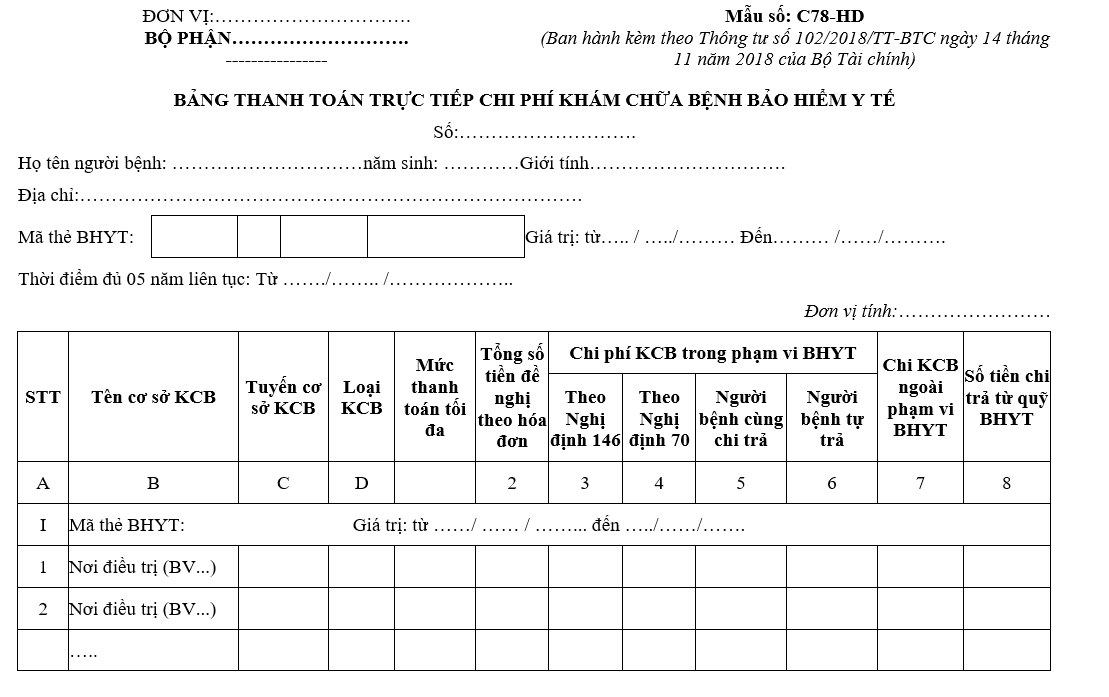 Mẫu số C78-HD: Bảng thanh toán trực tiếp chi phí khám chữa bệnh BHYT