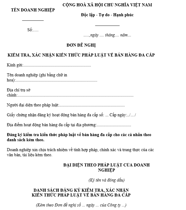 Mẫu số 20a: Đơn đề nghị kiểm tra, xác nhận kiến thức pháp luật về bán hàng đa cấp