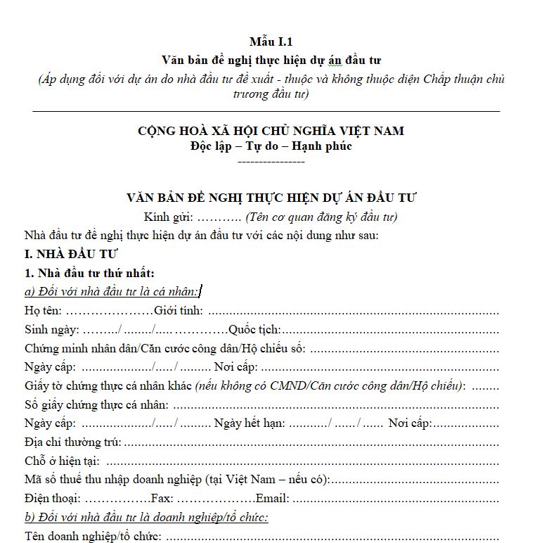 Văn bản đề nghị thực hiện dự án đầu tư (Áp dụng đối với dự án do nhà đầu tư đề xuất - thuộc và không thuộc diện Chấp thuận chủ trương đầu tư)