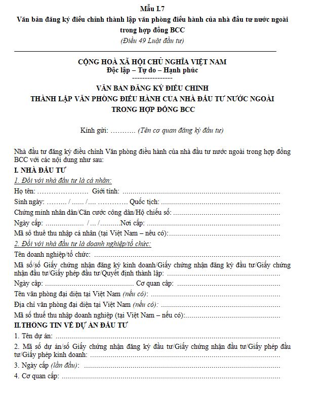 Mẫu văn bản đăng ký điều chỉnh thành lập văn phòng điều hành của nhà đầu tư nước ngoài trong hợp đồng BCC