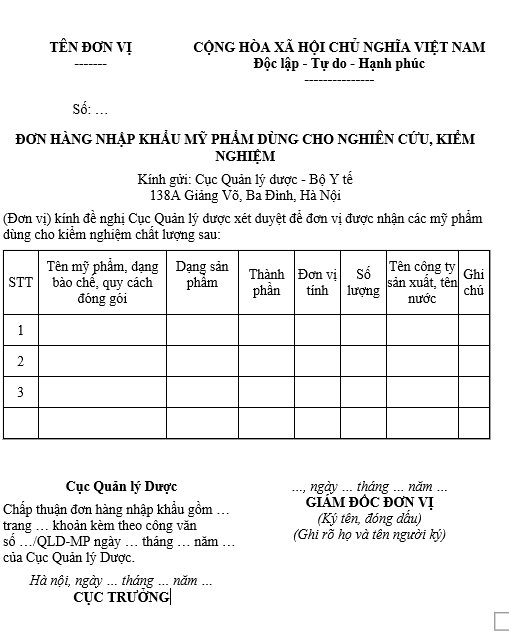 Mẫu đơn hàng nhập khẩu mỹ phẩm dùng cho nghiên cứu, kiểm nghiệm