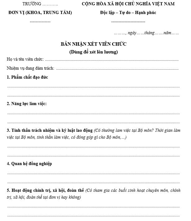 Bản nhận xét viên chức - để xét lên lương