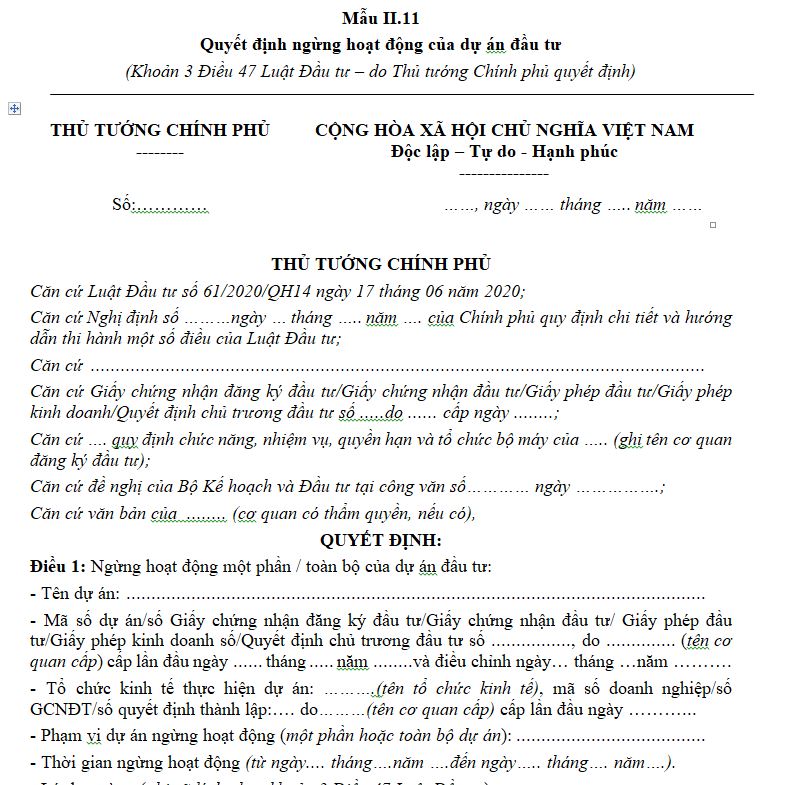 Mẫu Quyết định ngừng hoạt động của dự án đầu tư (Do Thủ tướng Chính phủ quyết định)