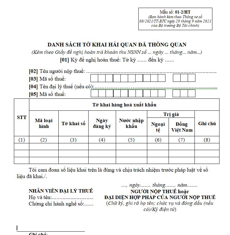 Mẫu 01-2/HT: Danh sách tờ khai hải quan đã thông quan