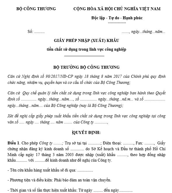 Mẫu giấy phép nhập (xuất) khẩu tiền chất sử dụng trong lĩnh vực công nghiệp