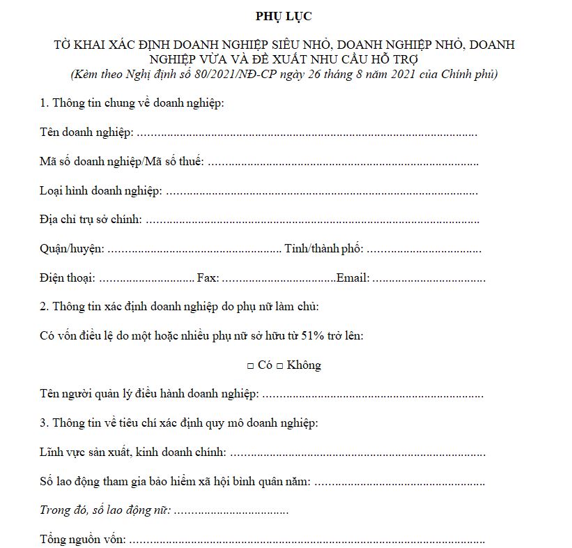 Tờ khai xác định doanh nghiệp siêu nhỏ, doanh nghiệp nhỏ, doanh nghiệp vừa và đề xuất nhu cầu hỗ trợ