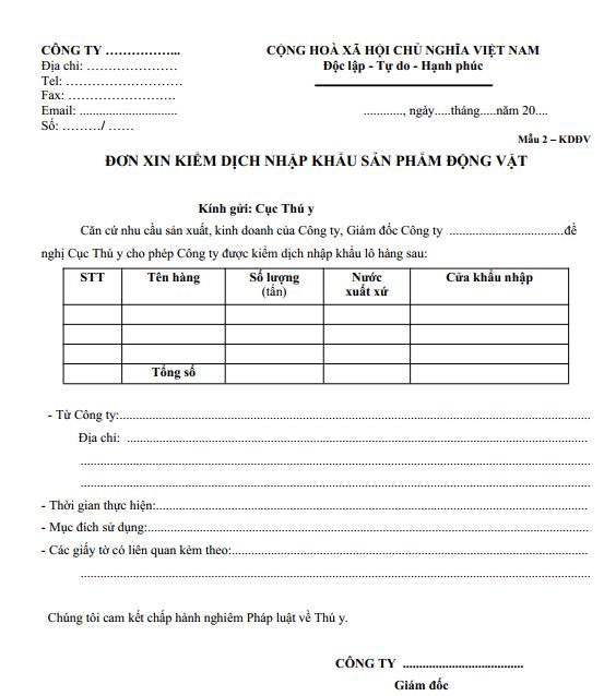 Mẫu đơn xin kiểm dịch nhập khẩu sản phẩm động vật