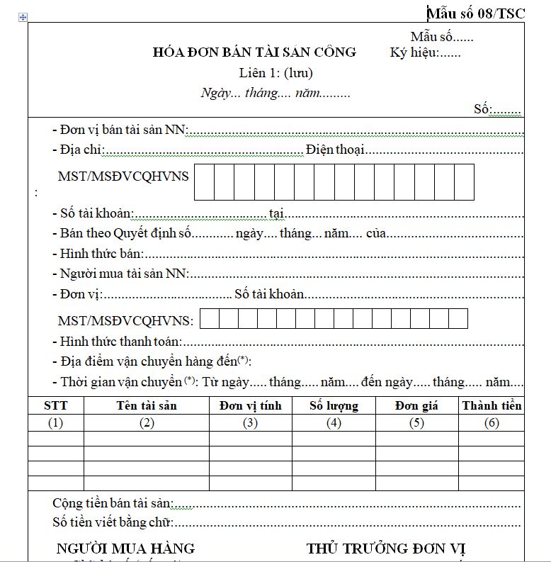 Mẫu 08/TSC: Hóa đơn bán tài sản công