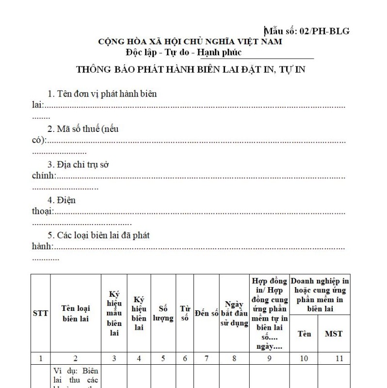 Mẫu 02/PH-BLG: Thông báo phát hành biên lai