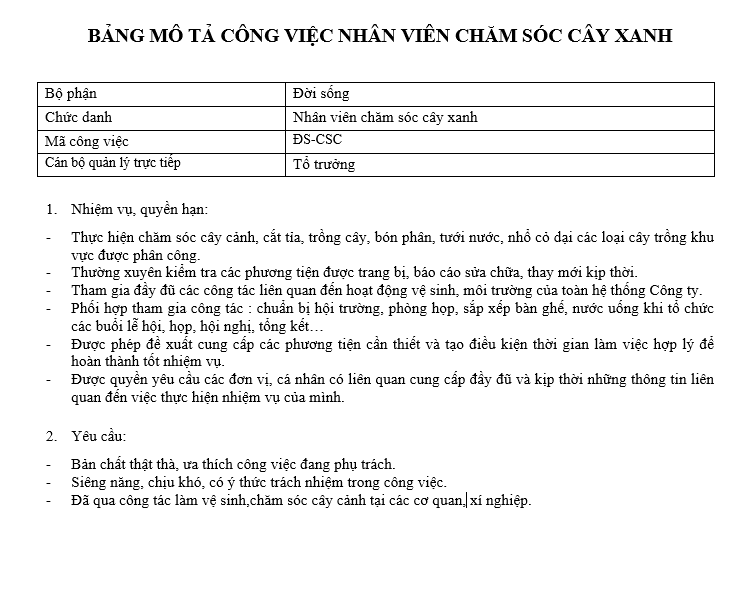 Bảng mô tả công việc của nhân viên chăm sóc cây xanh