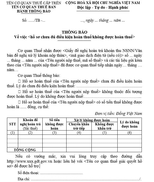 Mẫu số 04/TB-HT: Thông báo về việc không được hoàn thuế 2023