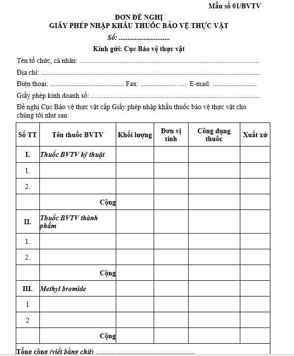 Mẫu số 01/BVTV đơn đề nghị cấp giấy phép nhập khẩu thuốc bảo vệ thực vật