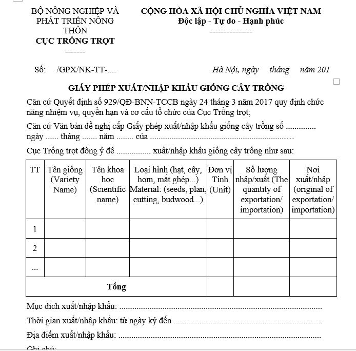 Mẫu số 05/TT giấy phép xuất, nhập khẩu giống cây trồng