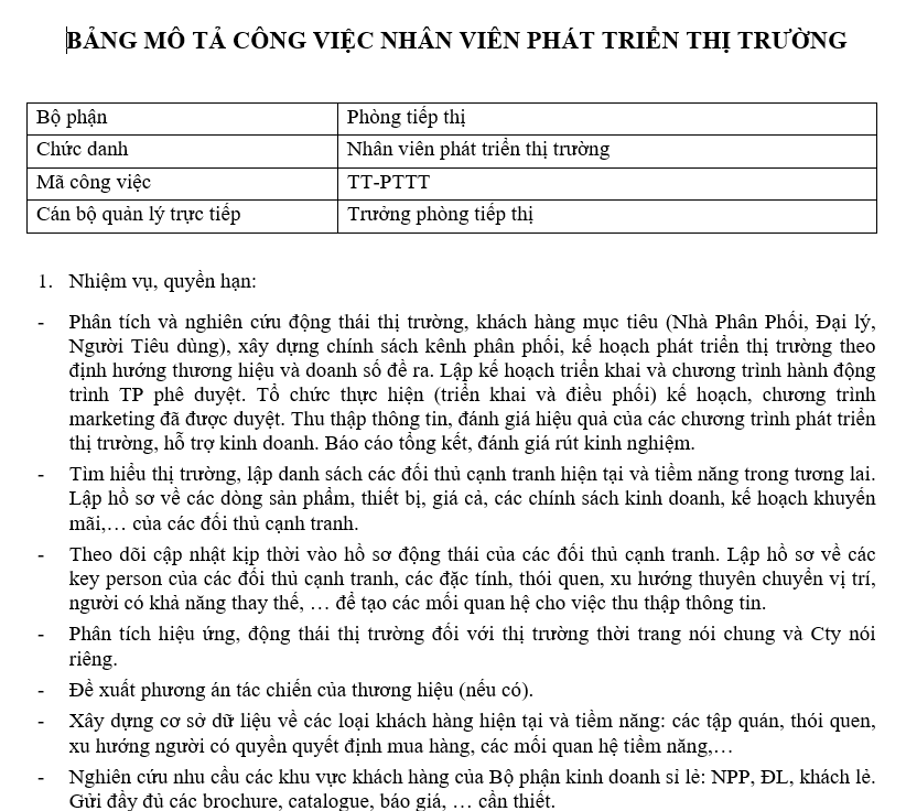 Bảng mô tả công việc của nhân viên phát triển thị trường