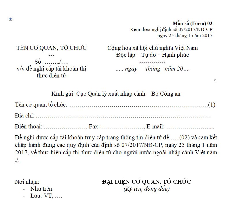 Mẫu 03-Mẫu đề nghị cấp tài khoản thị thực điện tử