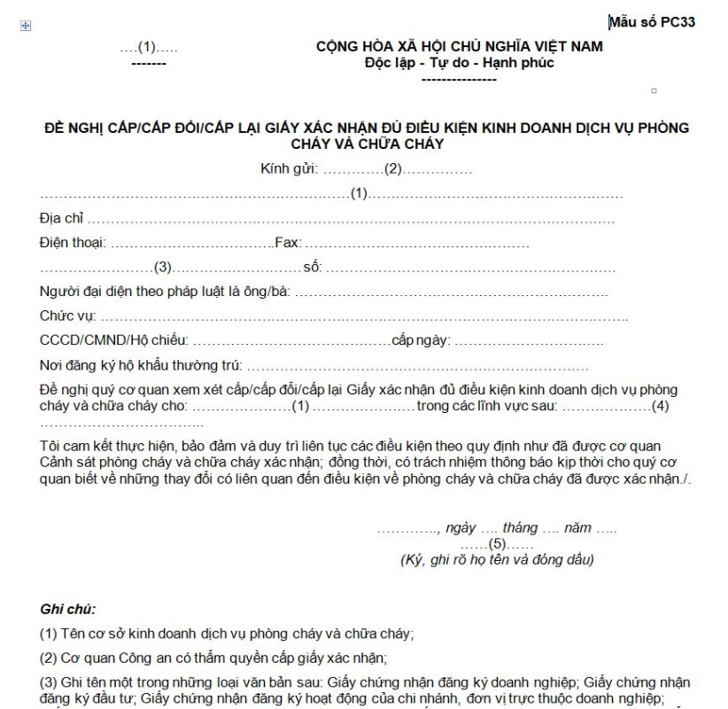 Mẫu số PC33: Văn bản đề nghị cấp/cấp đổi/cấp lại Giấy xác nhận đủ điều kiện kinh doanh dịch vụ phòng cháy và chữa cháy