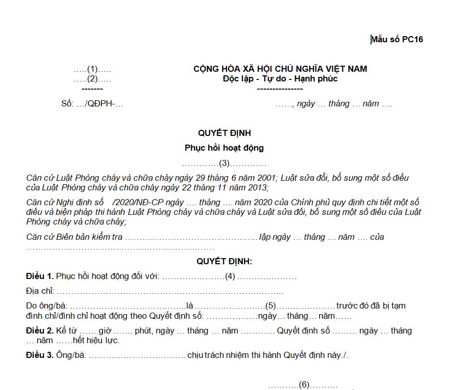 Mẫu số PC16: Quyết định phục hồi hoạt động