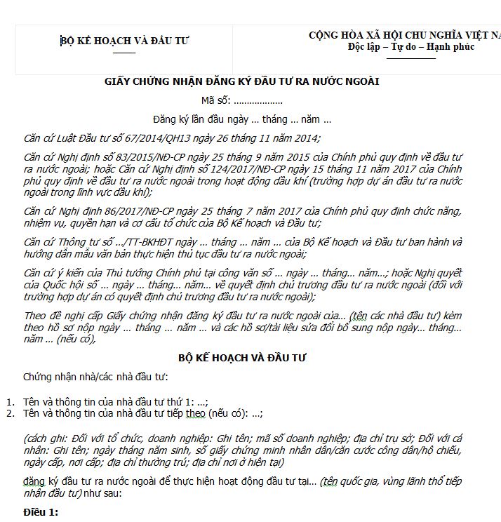 Mẫu Văn bản đăng ký đầu tư ra nước ngoài