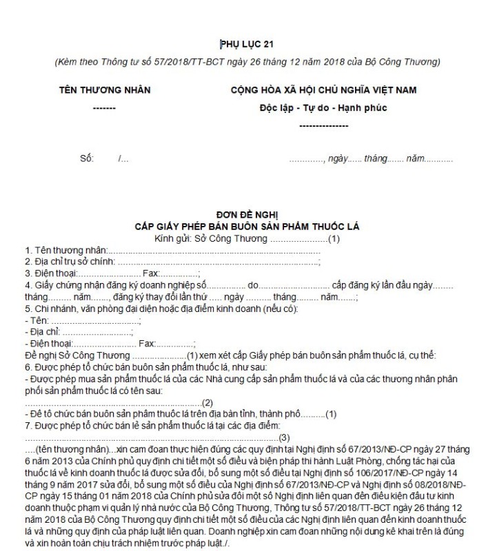 Phụ lục 21: Đơn đề nghị cấp giấy phép bán buôn sản phẩm thuốc lá