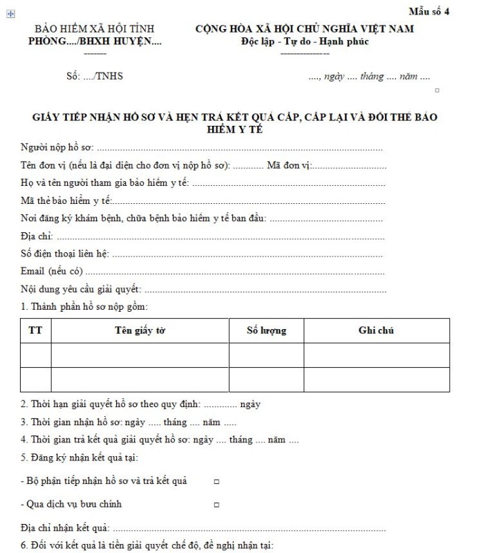 Mẫu số 4: Giấy tiếp nhận hồ sơ và hẹn trả kết quả cấp, cấp lại và đổi thẻ bảo hiểm y tế