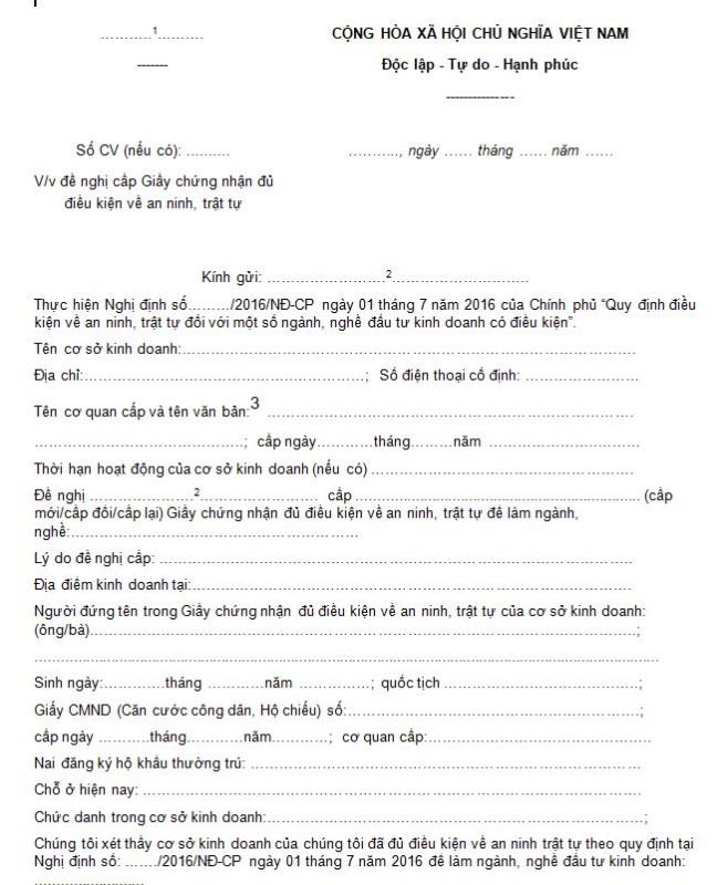 Mẫu đơn đề nghị cấp Giấy chứng nhận đủ điều kiện an ninh, trật tự