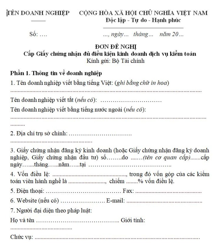 Mẫu Đơn Đề Nghị Cấp Giấy chứng nhận đủ điều kiện kinh doanh dịch vụ kiểm toán