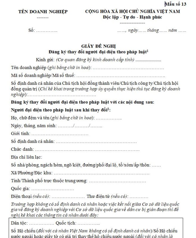 Mẫu số 13: Giấy đề nghị đăng ký thay đổi người đại diện theo pháp luật