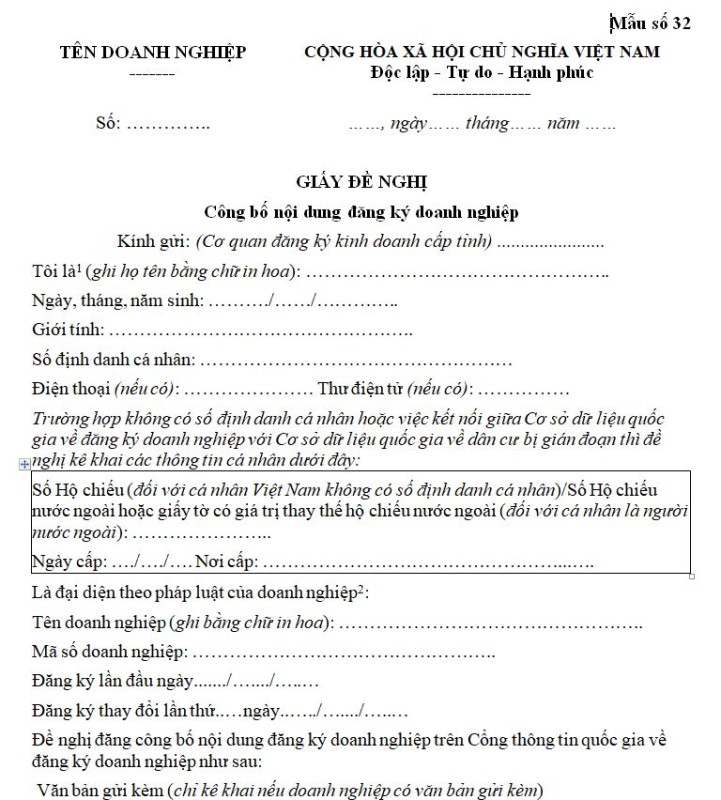 Mẫu số 32: Giấy đề nghị công bố nội dung đăng ký doanh nghiệp