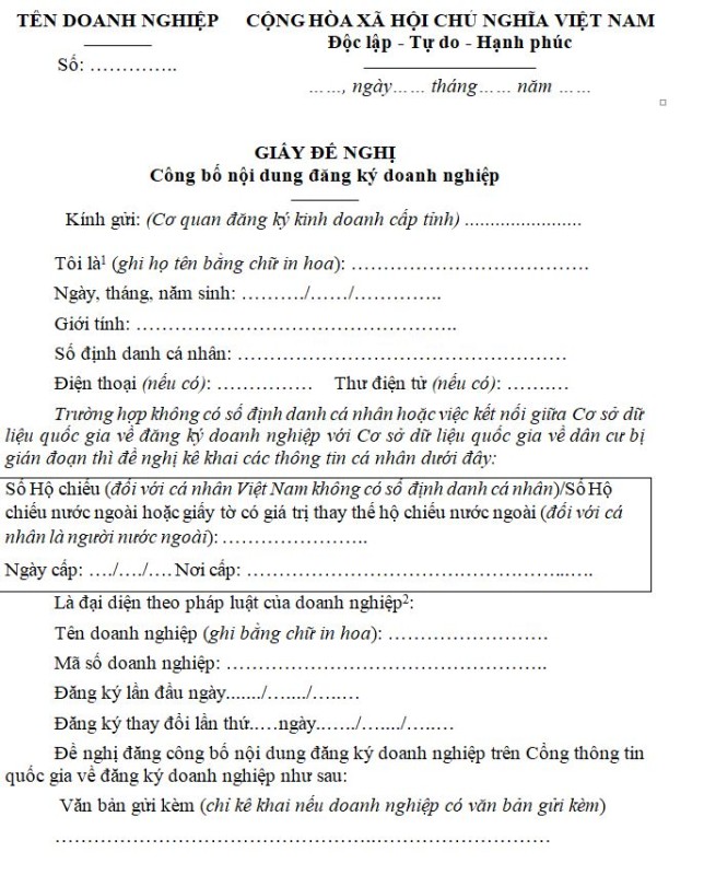 Mẫu Giấy đề nghị công bố nội dung đăng ký doanh nghiệp