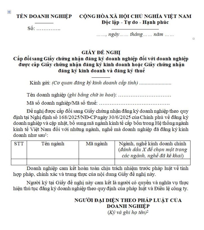 Mẫu Giấy đề nghị cấp đổi sang Giấy chứng nhận đăng ký doanh nghiệp