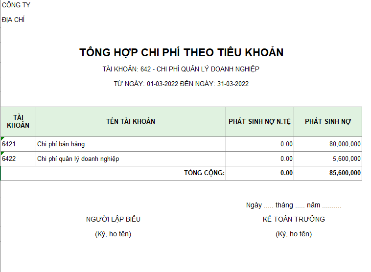 Tổng hợp chi phí theo tiểu khoản ( NGOẠI TỆ )