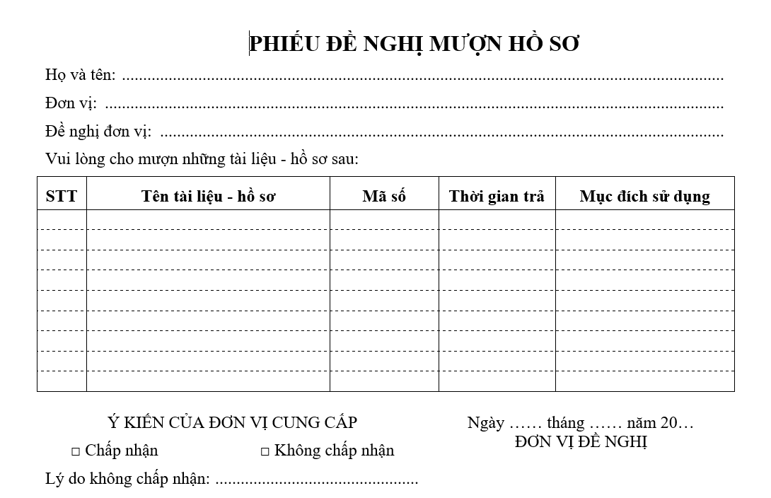 Quy định quản lý hồ sơ - Phiếu đề nghị mượn hồ sơ