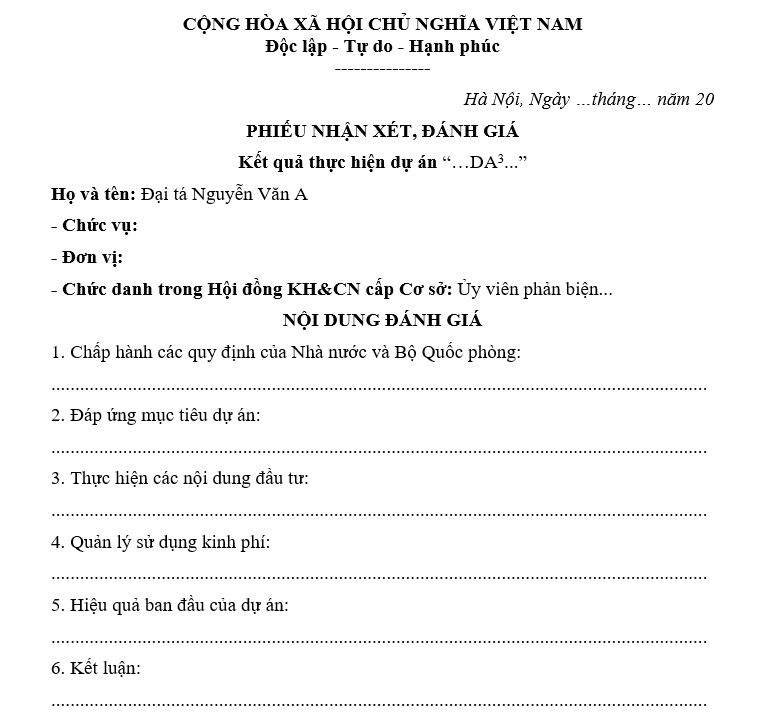 Mẫu phiếu nhận xét, đánh giá kết quả thực hiện dự án