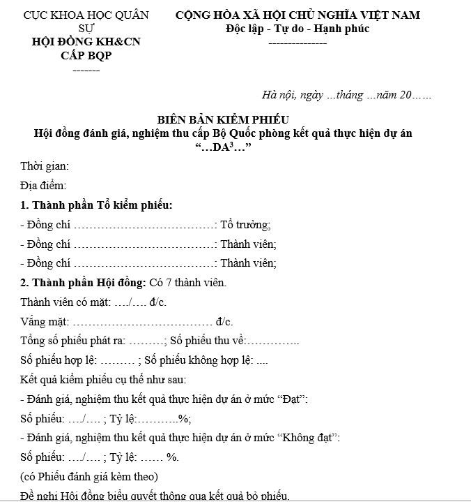 Mẫu biên bản kiểm phiếu hội đồng đánh giá nghiệm thu dự án