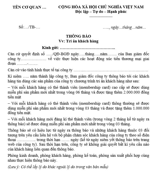 Mẫu thông báo tri ân khách hàng