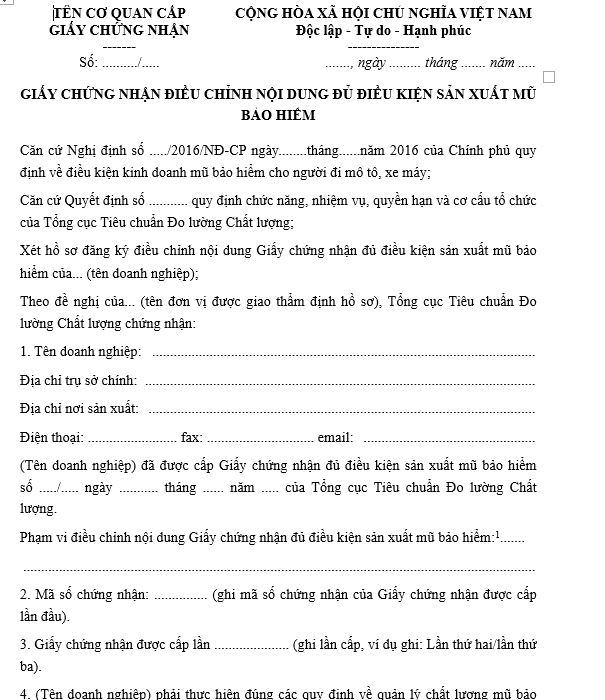 Giấy chứng nhận điều chỉnh nội dung đủ điều kiện sản xuất mũ bảo hiểm