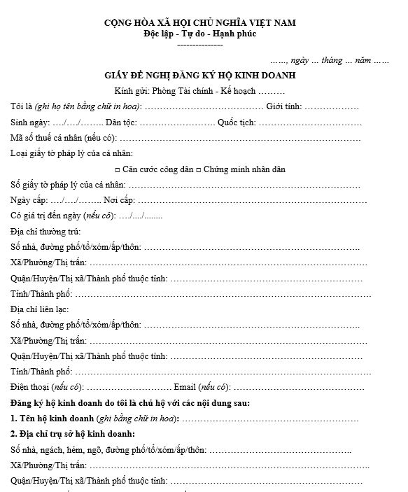 Mẫu giấy đề nghị đăng ký Hộ kinh doanh