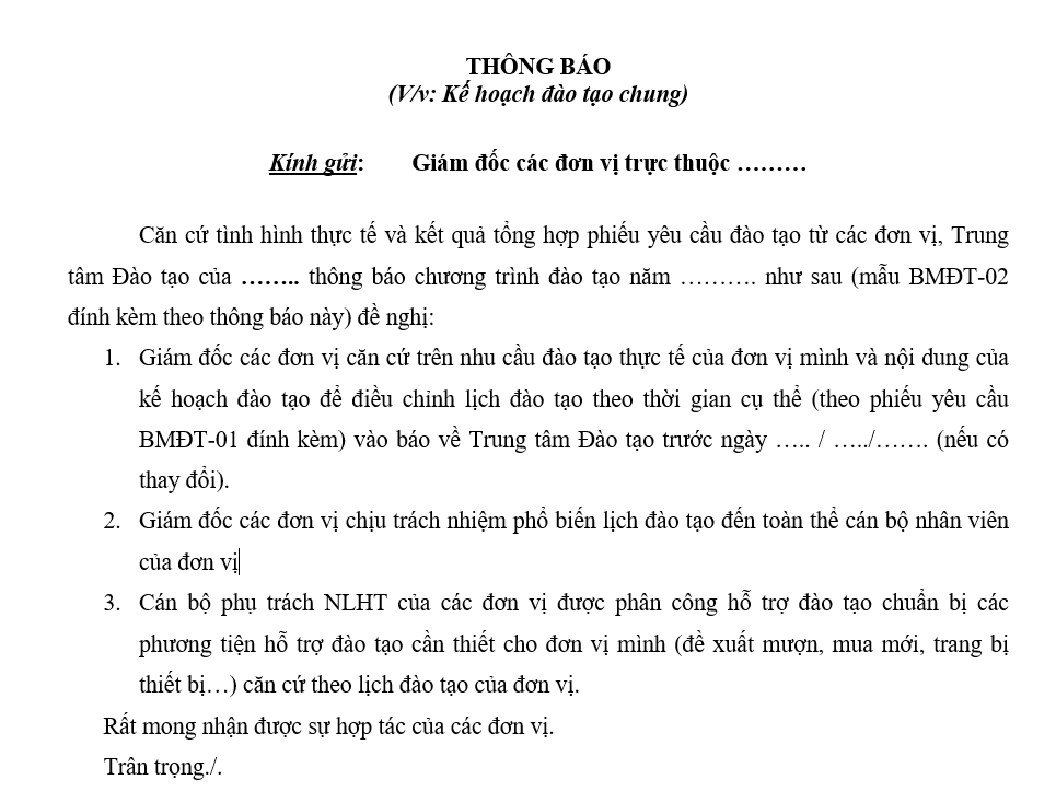 Hệ thống quản trị nhân sự - Thông báo kế hoạch đào tạo