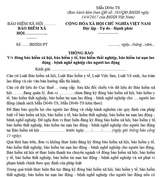 Mẫu D04e-TS: Thông báo đóng BHXH, BHYT, BHTN, BHTNLĐ-BNN cho người lao động